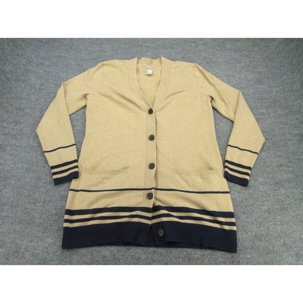 Duluth Trading Women Cardigan Regular Tan Navy Striped Button V-Neck L